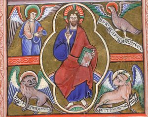 `Majestas Domini': Christ in mandorla seated on a rainbow, holding a jeweled book in his left, and with his right hand in front of his chest in a blessing gesture, accompanied by the symbols of the evangelists, holding inscribed scrolls. except for the angel, who holds a book in a covered hand.