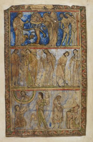 to the left God stands, stretching his left hand forward in a gesture of speech, holding an inscribed scroll in his right; an angel with a flaming sword in his right hand, his head slanting to the right, looking at God, and pushes with his left against Adam's shoulder; Adam also turns his head back to his right, holding his left hand in front of his chest in a gesture of speech and covering himself with a leaf, held in his right hand; Eve, walking in front of Adam, through the gate of paradise, covers herself with a leaf in her left, bending her right hand to her head, which she also turns to her right; the tree between God and the angel.