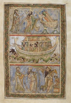 God, with a scroll in his left hand, stretches his right hand forward, making a speaking gesture towards Noah, who wears a cap, holds an adze over his right shoulder, and stretches his left arm sidewards, pointing at the ark under construction.
