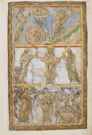 Moses, standing before a flaming circle, in which a bust of God appears stretching out his right hand in a blessing gesture, stretches both hands forwards, holding his rod in his covered left hand and making a speaking gesture with his right.