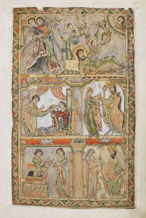 Jacob and the angel with their arms stretched forward around each other, both holding an inscribed scroll.