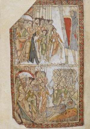 Saul, seated to the left under a canopy, holding his right hand in front of his chest in a gesture of speech, stretches his left hand forward, presenting his armour to David, standing before him, who stretches both hands forward, showing the sling and a stone, which he holds in his left and holding his shepherd's crook in his right hand; a group of men behind Saul, one of which turns his head back to his right, and holding his right hand in front of his chest, in a gesture of speech.