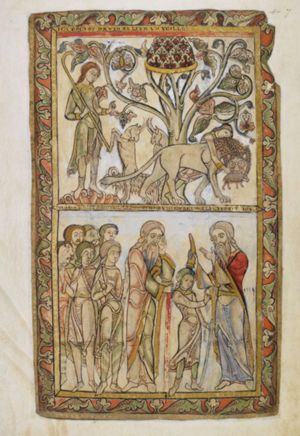 David, on the left, stands with his shepherd's crook held over his right shoulder, stretching his left hand forward, pointing at a tree, over the heads of two fighting goats.
