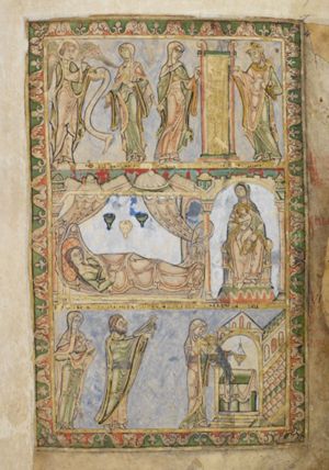 an angel, holding a scroll in his left hand, stretches his right hand forward in a gesture of speech; Anna, standing to the right, holds her left hand in front of her and stretches her right hand down with the palm in front view.