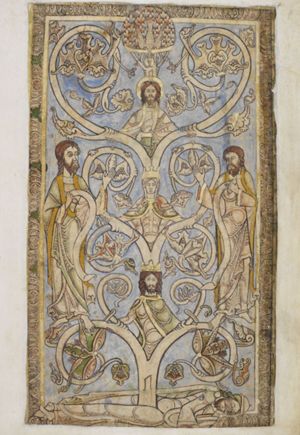 Jesse lying on his left side, head in his hand; sprouting from his loins is a `tree' with, from bottom to top: David, Mary (crowned) and Christ, all with their hands sidewards, holding `branches'; on either side: a man (a prophet?) stretching one hand, with the palm in front view, to the side, towards the tree, and holding a scroll with the other hand.