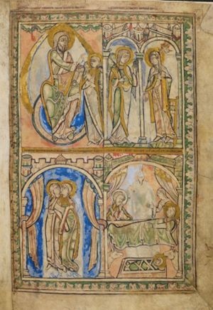 seated on sphere in a mandorla, below a line of clouds, symbolizing heaven, God stretches his right hand forward in a blessing gesture and holds a book with his left; Gabriel holds his right hand in front of his chest, with the palm in front view and his left hand in front of his body in a gesture of speech.