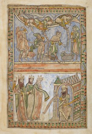 three flying angels appear from heaven, two with an inscribed scroll and all of them stretching their right hand forward in a gesture of speech; four shepherds make various gestures: one bends his left hand to his head as if to protect his eyes(?), holding a staff in his right; a second raises his left hand with the palm in front view, holding a staff in his right hand; a third stretches his left hand forward with the palm turned up, holding a shepherd's crook in his right; the fourth rests his head against his right hand, while his right elbow rests on a staff; a herd.