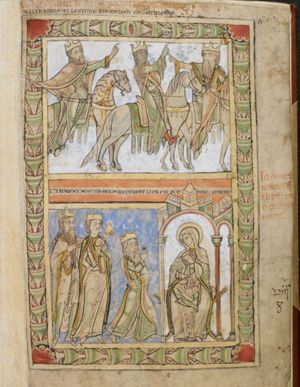 the foremost of the Magi, riding from left to right, turns his head back to his right and stretches his right hand backwards, pointing up; the two others, following him stretch one forward, pointing upwards.