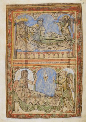 an angel, standing at the feet of the Magi - together in one bed, which rests on an arcade - stretches his right hand forward in a gesture of speech and holds a palm branch in his left; two of the Magi lying asleep resting their head in their hand; the third one sits upright, touching the arm of one of the others and holding his left hand in front of his chest (in a speech gesture?); their crowns, which they have taken off for the night, rest on the head of the bed; architectural setting.
