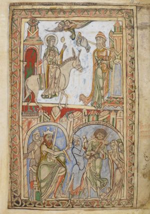 Joseph, wearing a cap and carrying a staff with a bag over it over his shoulder, leading the ass and stretching his right hand forward, pointing at a city-gate, turns his head back to his right and looks at Mary, who is riding on the ass, and raises her left hand in a pointing gesture, holding the Christ -child with her right; the child stretches both hands forward, the left with the palm in front view, the right in a blessing gesture; an angel, swinging a censer appears from heaven above mary and the child; another city-gate behind them.