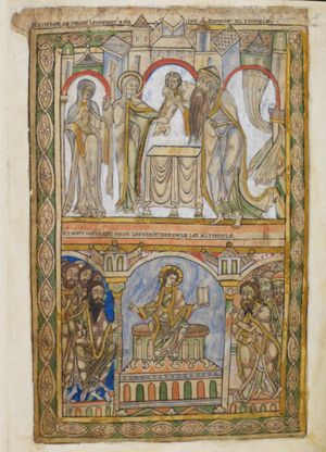 Mary, standing to the left of the altar, stretches her hands forward, presenting the Christ-child to Simeon; with his body turned towards Mary, Christ turns his head to his left, to Simeon, and stretches his right hand forward in a blessing gesture and holds a cross in his left; Simeon, barefoot, wearing a cap, stretches his hands forward, putting his right arm around Christ's shoulder; Anna holds a pair of doves in each covered hand, the right in front of her chest, the left one raised; architectural setting; curtains around a column.