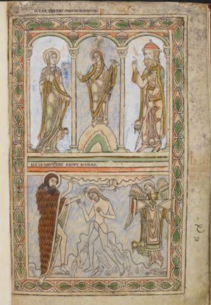 the youthful Christ, standing on a mound, holding a closed scroll in his left hand, turns his head to his right, towards Mary and stretches his right hand forward with the palm turned up in a gesture of speech; the `Dextera Dei' appears in heaven; Mary, to Christ's right, holds the rim of her cloak with the left hand down and holds her right hand in front of her chest in a gesture of speech; Joseph, wearing a hat, to Christ's left, holds a pointed staff in his left, raising his right hand in a gesture of speech; architectural setting.
