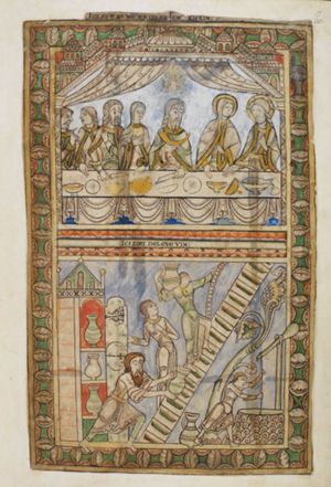 Christ, seated at the right, behind a table, holding his left hand in front of his chest in a gesture of speech, holding his right hand down in a blessing gesture; Mary sits to his right with her right hand held down and her left hand in front of her body; in the centre of the scene the architriclinus (or the groom?) holds a knife in his left and a drinking-horn in his right; the bride with her right hand in front of her chest with the palm upwards and stretching her left hand down, pointing; the groom (or architriclinus) holds his left hand in front of his chest and a knife in his right; two men to the left, one of which is holding his right hand forward in a gesture of speech; architectural setting, curtains.