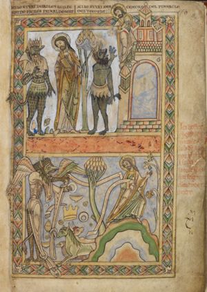 Satan, a devil in phantasy shape, drops stones from his left claw, holding his right in front of his chest, asking Christ, who holds his left hand in front of his chest in a gesture of speech and a book in his right and turns his head to his right, `to command these stones to become loaves of bread'; a tree.