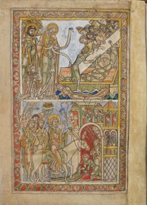 Christ, bending his left hand to his head, holds his right hand in front of his chest in a speaking gesture, at the same time holding an inscribed scroll; Lazarus, wrapped in a shroud, sits in a sarcophagus, while a group of people is lifting up the lid; Peter stands behind Christ, in front of a group of apostles, holding a book in his left and with his right hand in front of his chest in a gesture of speech; Martha kneels at the right of Christ, wringing her hands; Mary Magdalena lies face down to Christ's left, holding her head with her right hand and touching Christ's foot with her left.