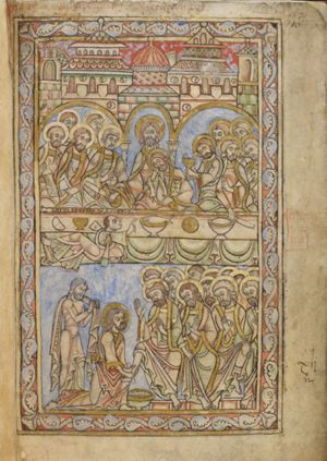 Christ, seated behind a table between the apostles, holds his hands sidewards, giving a bread to Peter on his right, who holds a knife in his left and takes the bread with his right in front of him, and a chalice to an apostle on his left; John leans against Christ's chest, supporting his head with his right hand, holding a book with the left arm; Judas, alone in front of the table, lies on his back with uplifted upper part of the body, turning his head to his left and looking up at Christ, while stretching his right hand forward to his left side, pointing at the bowl with fish on the table and holding a money-bag with his left hand in front of his chest; the other apostles make various gestures: a hand in front of the chest with the palm in front view or in a gesture of speech; one holds a knife.