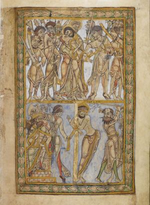 accompanied by soldiers with torches, a lantern and weapons, Judas kissed Christ, while standing behind him, putting his left hand around Christ's shoulder and with his right hand touching the left arm of Christ, who turns his head back to his right and stretches his hands, which are bound, forward; a soldier grabs Christ's left wrist with his right and pulls with his left at the rope with which Christ's hands are bound; Peter, whose head and hand are visible behind Christ, cuts off the ear of Malchus, who turns his head to his right.