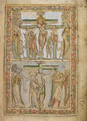 idem, but Stephaton holds a bucket in his left and there is a cup attached to the pole instead of a sponge; Longinus pierces Christ's side; soldiers breaking the legs of the malefactors with clubs; Mary wringing her hands and John, writing with a stylus on tablets, held in front of his chest; standing at either side of the cross, to which the superscription is attached; behind John and Mary people are standing, shouting at Christ.