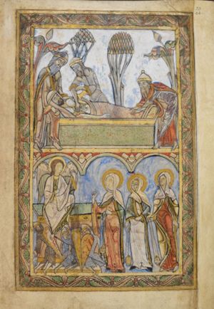 Joseph of Arimathea(?) and Nicodemus(?), wearing caps lay down Christ's body, wrapped in a shroud, holding it by the shoulders and legs; a third man pours ointments on the body, spreading it out with his right hand; trees.