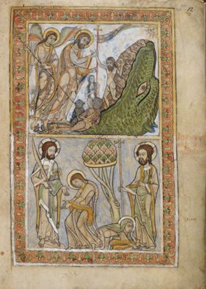 Christ, stabbing Satan, who is in fetters, with a bannered cross which he holds in his left hand; he steps on a devil in the shape of a serpent; an angel behind him stabs another devil with a lance; Christ takes Adam by the hand, liberating him from hell, of which the entrance is represented as an monstrous mouth; Adam stands with his arms spread sidewards; Eve clings to the cross which Christ holds; the sun above the mouth of hell.