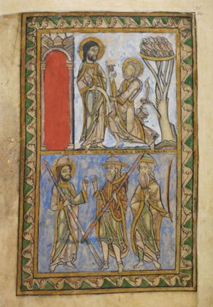 Peter, dropping to his knee before Christ, raising his right hand in a gesture of speech, holding a key in his left; Christ holds his hands in front of his chest, the right directed to his left in a gesture of speech, the left directed to his right, pointing at a city-gate(?) behind him; a tree behind Peter.
