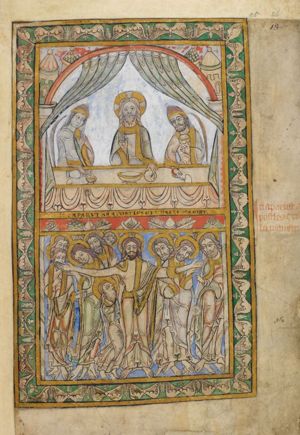 Christ holds his right hand in front of his chest in a blessing gesture and stretches his right hand forward, touching the bread on the table; the disciple on his right pouring wine(?), holding his left hand in front of his chest; the one on his left holds a cup in his left and touches a piece of bread with his right hand forward; they both wear a cap; a palm branch on either side of the table; architectural setting; curtains around a column.