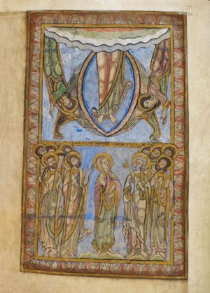 inside a mandorla Christ's legs are still visible; at either side of him a descending angel stretches his hands down, pointing aside at Christ with one hand; Mary and the apostles standing below, looking upwards; Mary is holding a book in her left and her right ahnd in front of her chest with the palm in front view; Peter, holding a key in his right, and a book in his left in front of his chest, with which he also points upwards; other apostles, some of them also holding a book make various gestures: holding a hand in front of their chest, pointing upwards, or raising a hand with the palm in front view; the one on the far left has a left hand on his right arm(!).