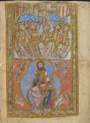 the Holy Ghost descends upon the apostles, who are looking up; Peter sits in the centre of the group, holds a key in his raised right hand and with his left arm holds a book in front of his chest, and makes a speaking gesture; the other apostles make various gestures: some hold a book, one is holding a closed scroll; some hold their hand in front of the chest, in a speaking gesture or with the palm in front view, and one has his hands crossed; architectural setting.