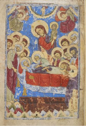 while the `Dextera Dei' and two descending angels with covered hands, appear in heaven above him, Christ holds Mary's soul - a swaddled child - in his arms, raised sidewards to his left; the apostles, around the bed, in various postures and actions: Peter, at the head of the bed, is swinging a censer in front of it; Paul bending his head forward, touches the legs of the Virgin, who lies with crossed hands; others hold a hand against the head, or a hand in front of the chest with the palm in front view; one of them bows over the Virgin, holding his left hand forward; a coffin in front of the bed.