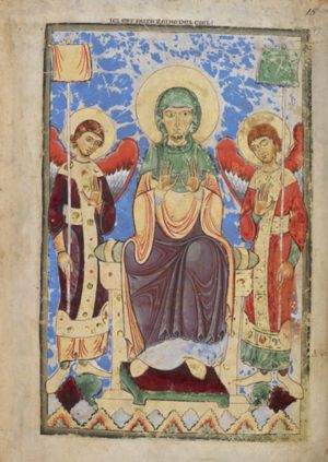 with her feet on a footstool and holding her hands, like an `orans', in front of her chest with the palms in front view, Mary is flanked by two angels holding a labarum, with a cloth draped over the top, in one hand and the other hand in front of the chest, with the palm in front view.