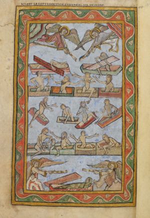 the dead arise: most of them climbing out of their tombs, naked; two are still busy pushing the tombstones away, one still lies, fully shrouded, in his sarcophagus; four angels sounding horns in the four corners.