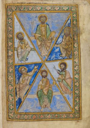 six apostles, in six triangular segments, with Peter holding his right hand sidewards with a key, and with a book in his left hand; four of the others point at him with their hand stretched forward or held in front of the chest; one holds a book, one a closed scroll and one is holding both.