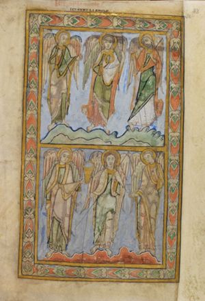 six angels, three in the upper, three in the lower register, five of them with instruments of the Passion: scourge, crown of thorns, pail for vinegar, lance, nails; three of them are also holding a banner, the sixth is holding nothing but a banner.