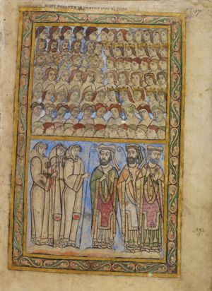 top register: seven horizontal rows of heads turned towards each other, i.e. the right half of a row to the left, the left half to the right; some are tonsured, some wear a crown or a cap; bottom: three abbots and three bishops, holding a staff; two of the bishops hold their left hand in front of their chest with the palm in front view.