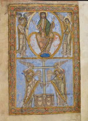 Christ, seated in a mandorla held by angels, with his hands sidewards with the palms in front view and his torso partially undraped.