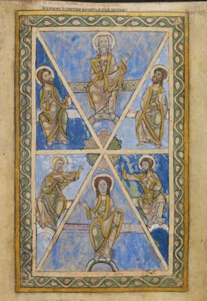 six apostles, in six triangular segments, all but one with a book, making various gestures: hand sidewards with palm in front view, hand forward in an upward pointing gesture, hand in front of the chest in a gesture of speech(?), or both hands in front of the body in a speaking gesture, the left directed to the right, the right directed to the left.