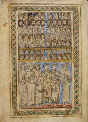 in two registers: top: seven rows of heads turned towards each other: the right half of a row turned to the left, the left half to the right; one row of heads with tonsure, one row with crowns; below: four monks and two archbishops, making various gestures: hand against the head; wringing hands; hand forward with the palm in front view; hand in front of the chest with the palm in front view.