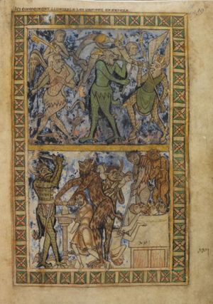 devils in phantasy shape torturing souls, in two registers: top: devil carrying on his shoulders a woman, who is wringing her hands, which are tied together by a key; a second soul is maltreated by three devils: the one carrying him on his shoulders is pricking him with a boat-hook, while a second one, in the shape of a dragon, is biting him and a third is seizing his hand; bottom: a devils is cutting off someone's hand, while another one is holding his arm on an anvil, to which also his leg is chained; devils boiling souls in a cauldron, one of which is tonsured and another one is crowned.