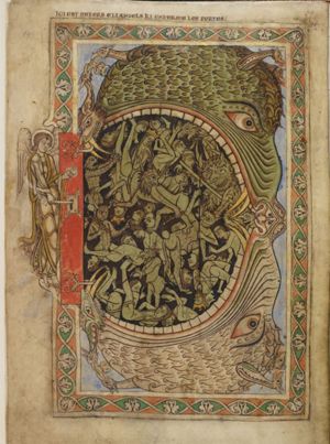 an angel, holding a door-knocker in his left and a putting a key in the lock with his right, is closing the door of hell, of which the entrance is represented by two monstrous mouths; inside hell, devils are punishing the damned souls, by beating, pricking etc.