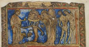 to the left God stands, stretching his left hand forward in a gesture of speech, holding an inscribed scroll in his right; an angel with a flaming sword in his right hand, his head slanting to the right, looking at God, and pushes with his left against Adam's shoulder; Adam also turns his head back to his right, holding his left hand in front of his chest in a gesture of speech and covering himself with a leaf, held in his right hand; Eve, walking in front of Adam, through the gate of paradise, covers herself with a leaf in her left, bending her right hand to her head, which she also turns to her right; the tree between God and the angel.