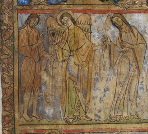 an angel, standing between Adam and Eve, with his hands held sidewards, giving a spade to Adam on his right and a spindle to Eve on his left; Adam, dressed in a fur, stretches both hands forward, accepting the spade with his left hand and making a speaking gesture with his right; Eve holds her left hand in front of her chest and holds her right hand sidewards, receiving the spindle.