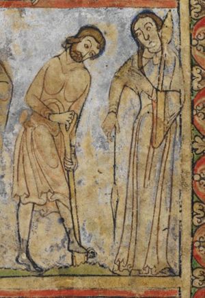 Adam spading the soil, while Eve stands spinning.