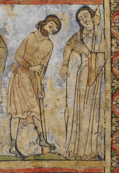 Adam spading the soil, while Eve stands spinning.