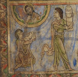 God, appearing from heaven - a circle segment with `clouds' - holds a book in his left and stretches his right hand downwards, making a blessing gesture towards Abel, who stretches both hands forward, kneeling and holding a lamb, and looking upwards; Cain walks away, turning his head backwards, looking up at God, and stretches both hands forward, holding a sheaf of corn; he is wearing a belt.