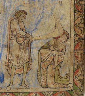Cain hits Abel on the head with a jaw-bone held in forward stretched hands; Abel, kneeling on both knees, head slanting to his left because of the blow, holds his arms crossed in front of his chest.