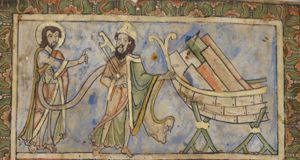 God, with a scroll in his left hand, stretches his right hand forward, making a speaking gesture towards Noah, who wears a cap, holds an adze over his right shoulder, and stretches his left arm sidewards, pointing at the ark under construction.