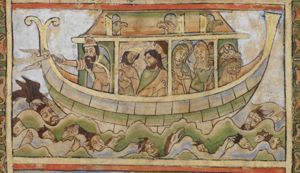 Noah, wearing a cap, stretches his right hand forward, receiving the olive -branch, brought to the ark by the dove, holding his left hand in front of his chest in a speaking gesture; his family in the ark, divided in two groups: three men and three women with a child(?), some of them holding their hands in front of their chest (gesture of speech?); animals are looking out of the windows in the upper storey; on the waters the raven is eating from a corpse; more bodies of people and animals afloat.