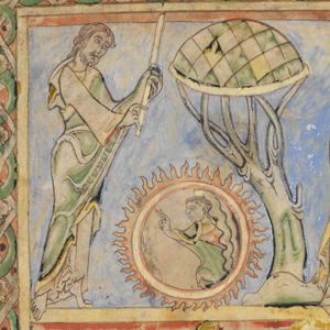 Moses, standing before a flaming circle, in which a bust of God appears stretching out his right hand in a blessing gesture, stretches both hands forwards, holding his rod in his covered left hand and making a speaking gesture with his right.