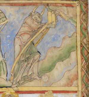Moses, ascending Mount Sinai with both hands stretched forwards, bowing his head between his arms; the `Dextera Dei' appearing from heaven, hands him the tables of the law.
