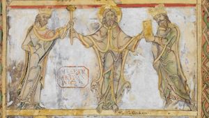 God - seen in front view - standing with both arms stretched sidewards between two (Old Testament?) kings going towards him; to the one on his left, who pulls up(?) his cloak with his right and stretches his left arm forward, he gives a book; to the one on his right, who holds his right hand in front of his chest in a gesture of speech(?) and stretches his left hand forward, pointing, he gives a sceptre.